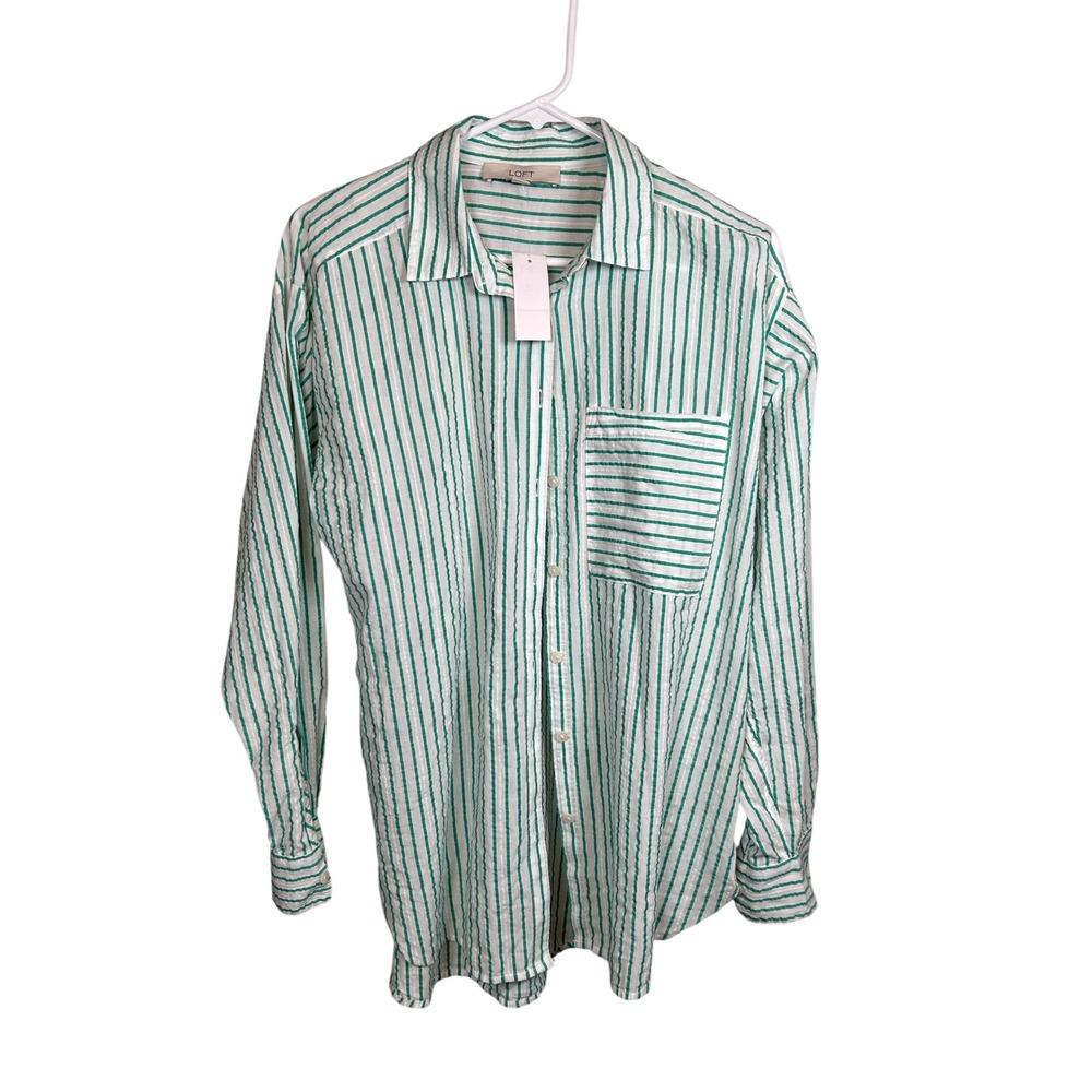 NEW LOFT Button Down Shirt Women's Small Green Striped Long Sleeve Seersucker